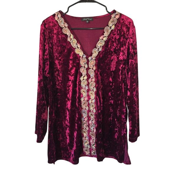 Slinky Brand Crushed Velvet Embroidered Long Sleeve Tunic Top Christmas Large - Picture 1 of 7